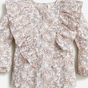 JCrew Crewcuts Girls' cotton poplin ruffle top Ivory paisley long-sleeve XS NWT